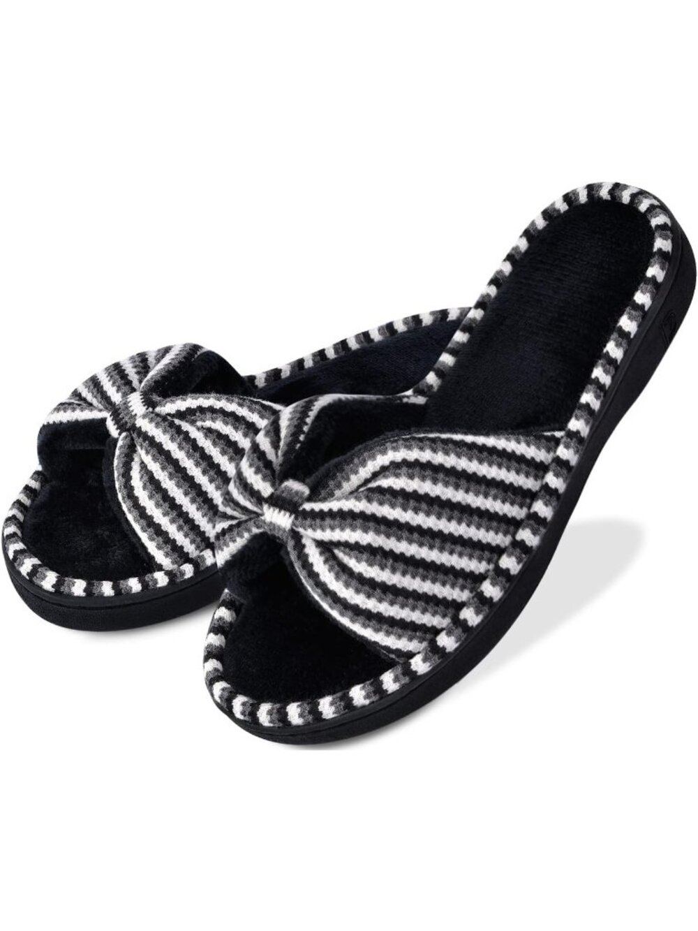 Women's Black Memory Foam Open Toe Slide Slippers with Cute Bow and Slip-on
